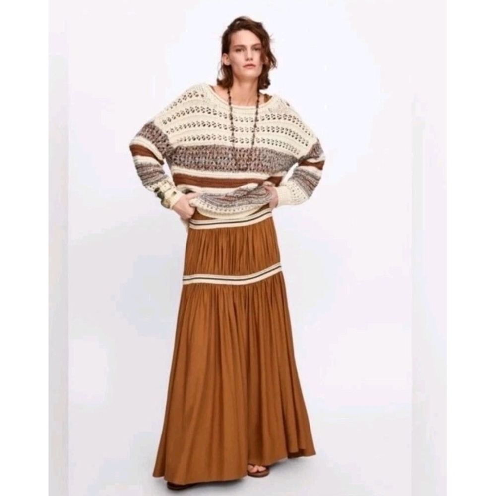 Zara XS-S Italian Yarn Cream & Brown Striped Crocheted Fisherman Sweater Chunky